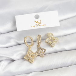 Mey İthalat® Pirinç Gold Renk Yonca Model YSX Trio Küpe Seti