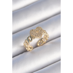 Mey İthalat® Pirinç Gold Renk Zincir Kordon Zirkon Taşlı Kalp Model Kadın Yüzük