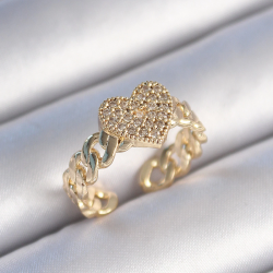 Mey İthalat® Pirinç Gold Renk Zincir Kordon Zirkon Taşlı Kalp Model Kadın Yüzük