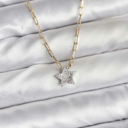 Mey İthalat® Pirinç Gold Renk Zincirli Zirkon Taşlı Minimal Yıldız Model Kadın Kolye