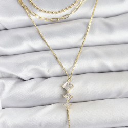 Mey İthalat® Pirinç Gold Renk Zirkon Taş Detaylı 3'lü Kombin Y Kadın Kolye