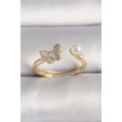 Mey İthalat® Pirinç Gold Renk Zirkon Taş Detaylı Beyaz Mineli Kelebek Model İnci Detay Ayarlanabilir Yüzük