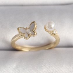 Mey İthalat® Pirinç Gold Renk Zirkon Taş Detaylı Beyaz Mineli Kelebek Model İnci Detay Ayarlanabilir Yüzük