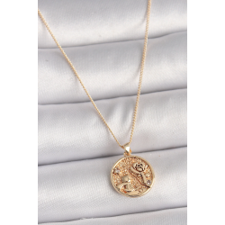 Mey İthalat® Pirinç Gold Renk Zirkon Taş Detaylı Gül İşleme Madalyon Model Kadın Kolye