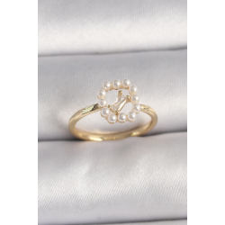 Mey İthalat® Pirinç Gold Renk Zirkon Taş Detaylı İncili Ayarlanabilir Yüzük