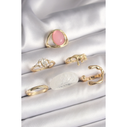 Mey İthalat® Pirinç Gold Renk Zirkon Taş Detaylı Pembe Mineli 6'Lı Kadın Yüzük Seti