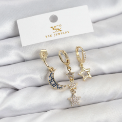 Mey İthalat® Pirinç Gold Renk Zirkon Taşlı Ay ve Yıldız Model YSX Trio Küpe Seti