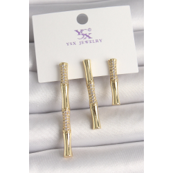 Mey İthalat® Pirinç Gold Renk Zirkon Taşlı Bambu Model 3'Lü Kadın Kombin Küpe