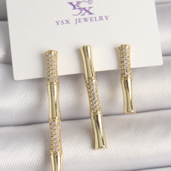 Mey İthalat® Pirinç Gold Renk Zirkon Taşlı Bambu Model 3'Lü Kadın Kombin Küpe