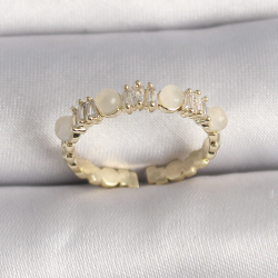 Mey İthalat® Pirinç Gold Renk Zirkon Taşlı Beyaz Mineli Ayarlanabilir Yüzük