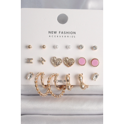 Mey İthalat® Pirinç Gold Renk Zirkon Taşlı Burug Halka Model İşlemeli Kalp Detay 9 Çift Kadın Küpe Seti