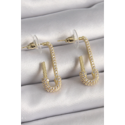 Mey İthalat® Pirinç Gold Renk Zirkon Taşlı Çengelli İğne Model Kadın Küpe