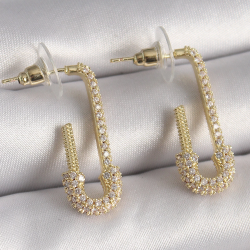 Mey İthalat® Pirinç Gold Renk Zirkon Taşlı Çengelli İğne Model Kadın Küpe