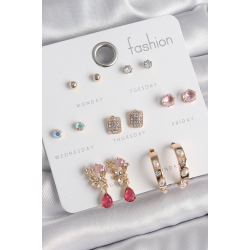 Mey İthalat® Pirinç Gold Renk Zirkon Taşlı Çiçek Figür İncili Halka Figür 7 Çift Kadın Küpe Seti