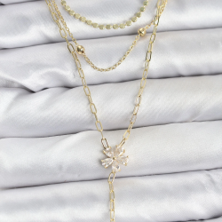 Mey İthalat® Pirinç Gold Renk Zirkon Taşlı Çiçek Model Detaylı 3'lü Kombin Y Kadın Kolye