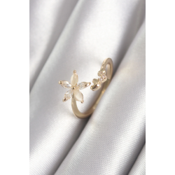 Mey İthalat® Pirinç Gold Renk Zirkon Taşlı Çiçek Model Kalp Detay Kadın Yüzük