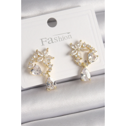 Mey İthalat® Pirinç Gold Renk Zirkon Taşlı Çiçek Model Sallantı Damla Detay Kadın Küpe