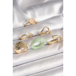 Mey İthalat® Pirinç Gold Renk Zirkon Taşlı Daire Pembe Mineli Detay 6'Lı Kadın Yüzük Seti