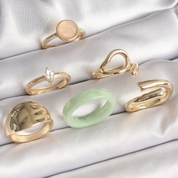 Mey İthalat® Pirinç Gold Renk Zirkon Taşlı Daire Pembe Mineli Detay 6'Lı Kadın Yüzük Seti