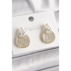 Mey İthalat® Pirinç Gold Renk Zirkon Taşlı Damla Model Kadın Küpe