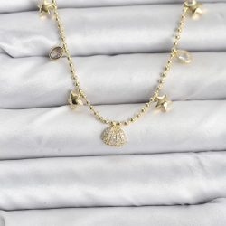 Mey İthalat® Pirinç Gold Renk Zirkon Taşlı Deniz Kabuğu Model Kadın Kolye