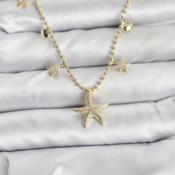 Mey İthalat® Pirinç Gold Renk Zirkon Taşlı Deniz Yıldızı Model Kadın Kolye