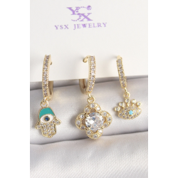 Mey İthalat® Pirinç Gold Renk Zirkon Taşlı Fatma Ana El Yonca Figür Göz Detay 3'Lü Kadın Kombin Küpe