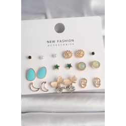 Mey İthalat® Pirinç Gold Renk Zirkon Taşlı Fiyonk Hilal Figür 9 Çift Kadın Küpe Seti