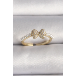 Mey İthalat® Pirinç Gold Renk Zirkon Taşlı Fiyonk İnci Detay Ayarlanabilir Yüzük