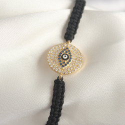 Mey İthalat® Pirinç Gold Renk Zirkon Taşlı Göz İşlemeli Figür Asansörlü Makrome Model Kadın Bileklik