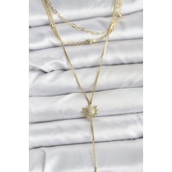 Mey İthalat® Pirinç Gold Renk Zirkon Taşlı Güneş Model Detaylı 3'lü Kombin Y Kadın Kolye