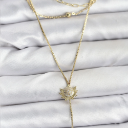 Mey İthalat® Pirinç Gold Renk Zirkon Taşlı Güneş Model Detaylı 3'lü Kombin Y Kadın Kolye