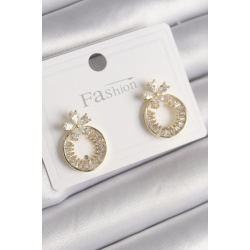 Mey İthalat® Pirinç Gold Renk Zirkon Taşlı Halka Model Çiçek Figür Kadın Küpe