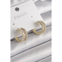 Mey İthalat® Pirinç Gold Renk Zirkon Taşlı Halka Model Kadın Küpe