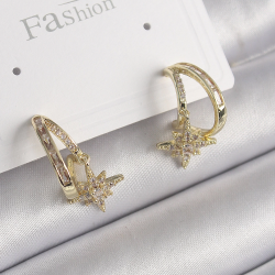 Mey İthalat® Pirinç Gold Renk Zirkon Taşlı Halka Model Yıldız Detay Kadın Küpe