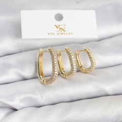 Mey İthalat® Pirinç Gold Renk Zirkon Taşlı Halka Model YSX Trio Küpe Seti