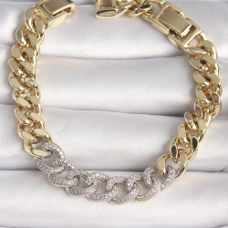 Mey İthalat® Pirinç Gold Renk Zirkon Taşlı Halka Zincir Xuping VIP Seri Exculusive Kadın Bileklik