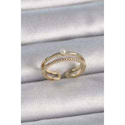 Mey İthalat® Pirinç Gold Renk Zirkon Taşlı İnci Detay Ayarlanabilir Model Kadın Yüzük