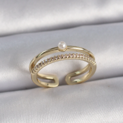 Mey İthalat® Pirinç Gold Renk Zirkon Taşlı İnci Detay Ayarlanabilir Model Kadın Yüzük