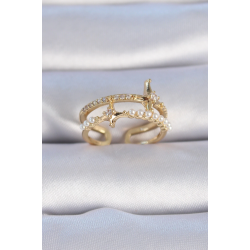 Mey İthalat® Pirinç Gold Renk Zirkon Taşlı İnci Detay Kutup Yıldızı Model Kadın Yüzük