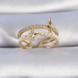 Mey İthalat® Pirinç Gold Renk Zirkon Taşlı İnci Detay Kutup Yıldızı Model Kadın Yüzük