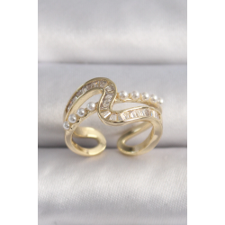 Mey İthalat® Pirinç Gold Renk Zirkon Taşlı İnci Detay VIP Seri Kadın Yüzük