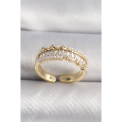 Mey İthalat® Pirinç Gold Renk Zirkon Taşlı İnci Detay VIP Seri Kadın Yüzük