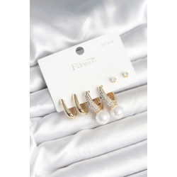 Mey İthalat® Pirinç Gold Renk Zirkon Taşlı İnci Detaylı 925 Ayar Gümüş Çivili Kadın Küpe Seti