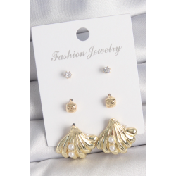 Mey İthalat® Pirinç Gold Renk Zirkon Taşlı İnci Detaylı Deniz Kabuğu Model 3 Çift Kadın Küpe Seti