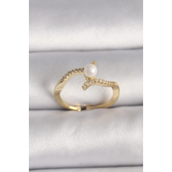 Mey İthalat® Pirinç Gold Renk Zirkon Taşlı İncili Ayarlanabilir Yüzük