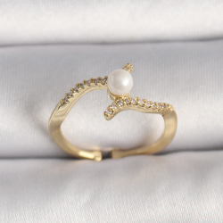 Mey İthalat® Pirinç Gold Renk Zirkon Taşlı İncili Ayarlanabilir Yüzük