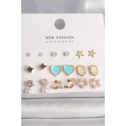 Mey İthalat® Pirinç Gold Renk Zirkon Taşlı İncili Çiçek Mavi Kalp Figür 9 Çift Kadın Küpe Seti