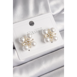 Mey İthalat® Pirinç Gold Renk Zirkon Taşlı İncili Kadın Küpe