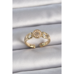 Mey İthalat® Pirinç Gold Renk Zirkon Taşlı İncili Kalp İşleme Detay Ayarlanabilir Kadın Yüzük